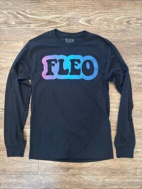 Fleo Black Long Sleeve Tee with Pink Purple Blue Gradient Logo Womens Size Small